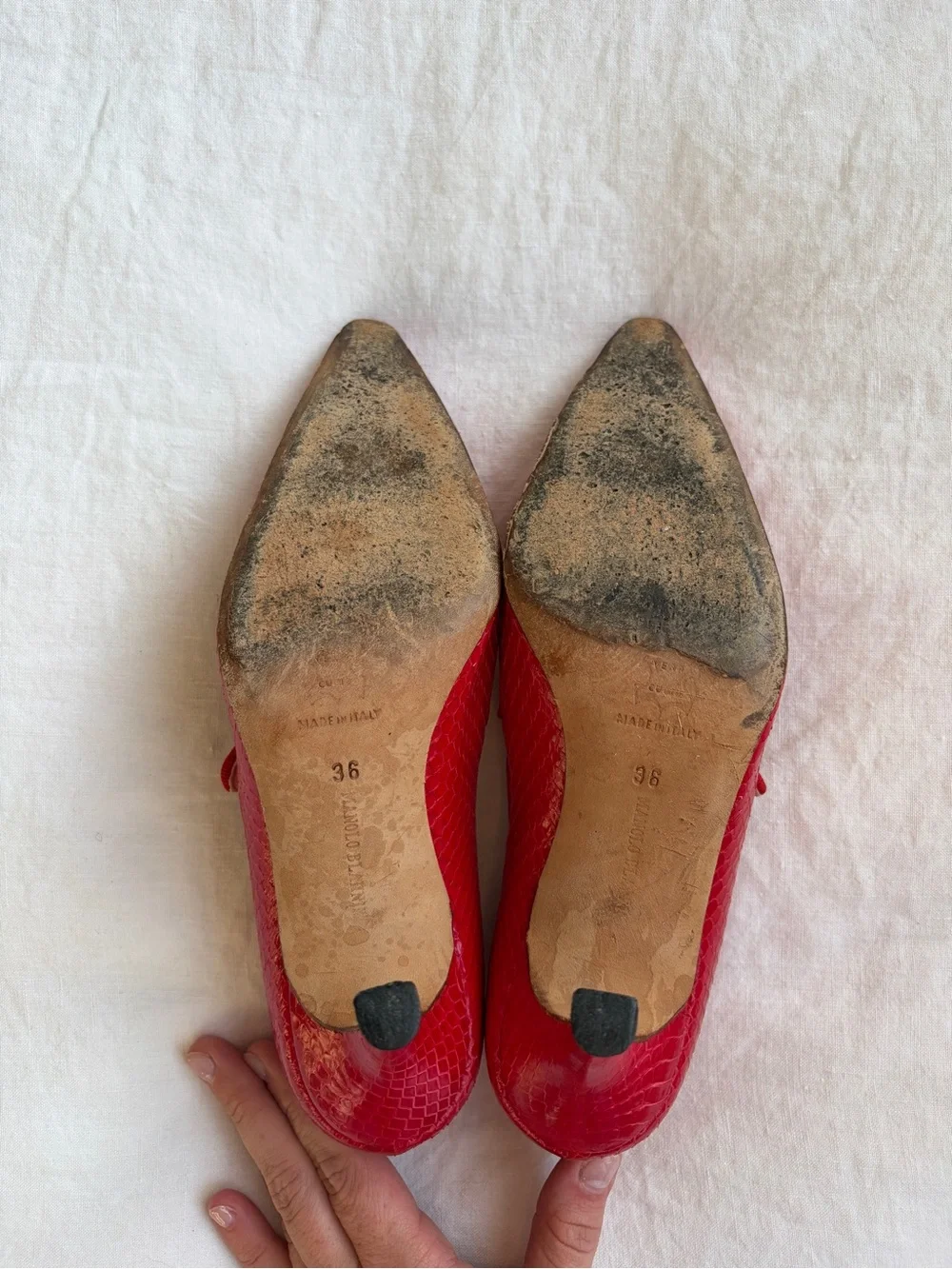 Vintage Manolo Blahnik Python Snake Leather Pointy Toe Mary Jane Heels Red
